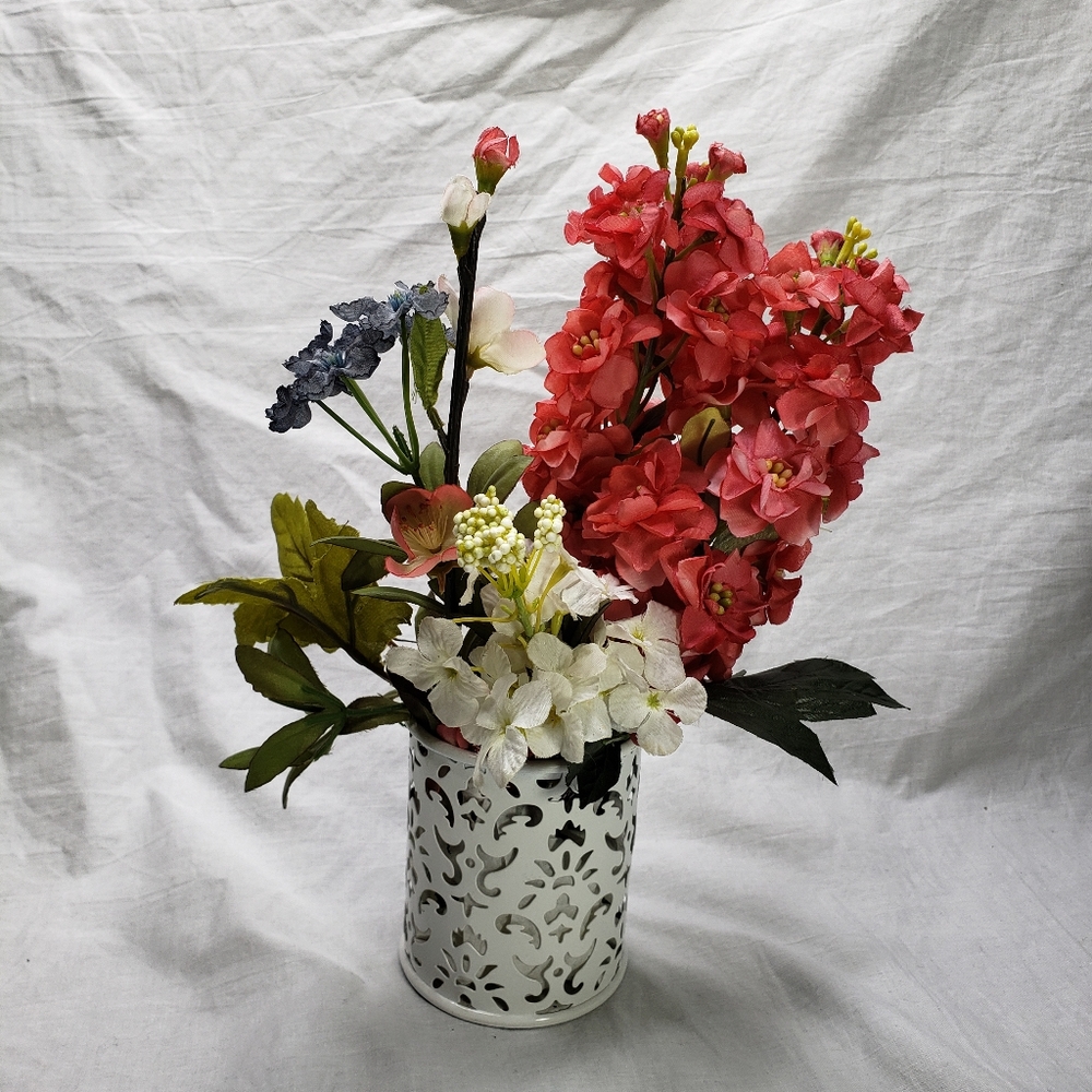 Small Spring Flower Arrangement White Pierced Metal Vase